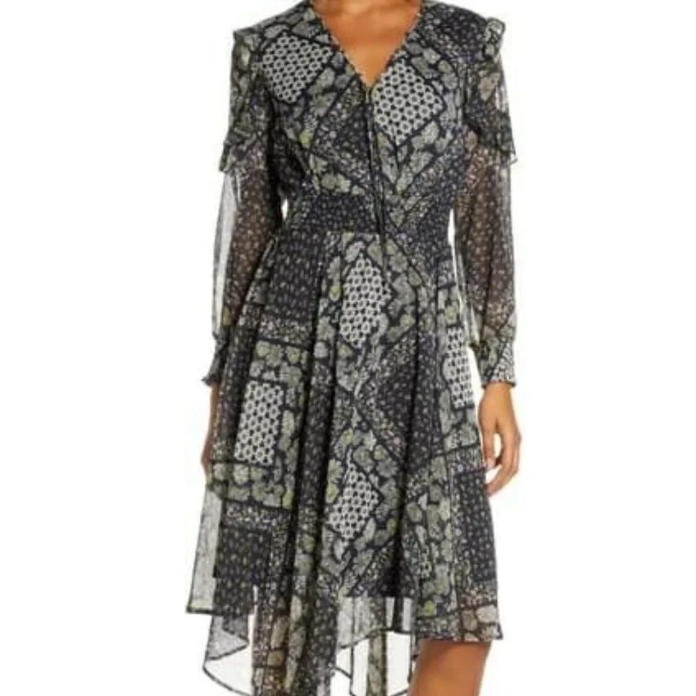 Sam Edelman Patchwork Print Ruffled Handkerchief Hem Pullover Midi Dress Size 12